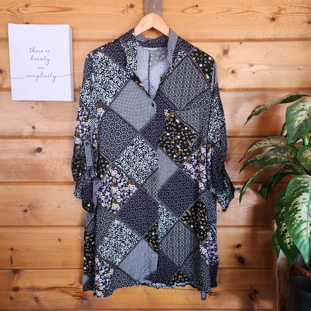 Janina Curved Boho Batik Patchwork Floral Shirt‎ Dress Tunic Top Plus Size 50/1X